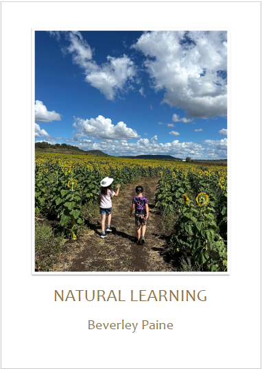 image of the cover of Natural Learning shows two young children walking towards the horizon in a filed of flowering sunflowers on a sunny day